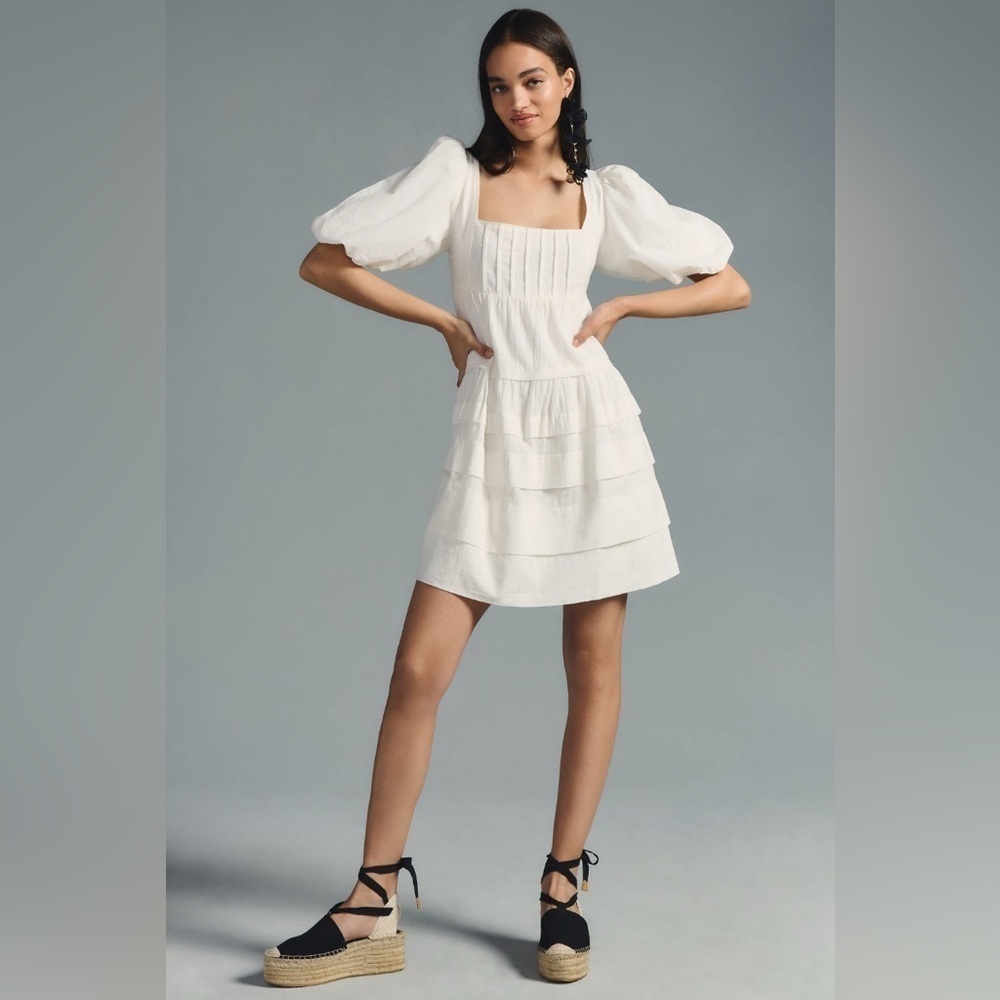 Anthropologie Square-Neck Puff-Sleeve Tiered Dress size Medium.